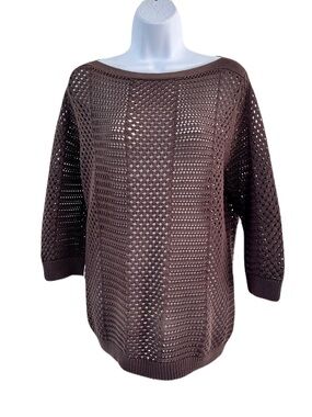 Nordstrom Brown 100% Cotton Open Weave Boatneck 3/4 Sleeve Sweater, Size M